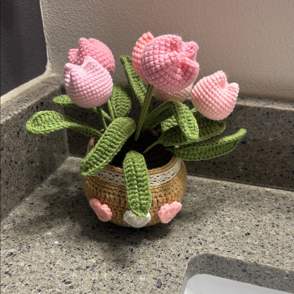 Handcrafted Pink Tulip Crochet Pot